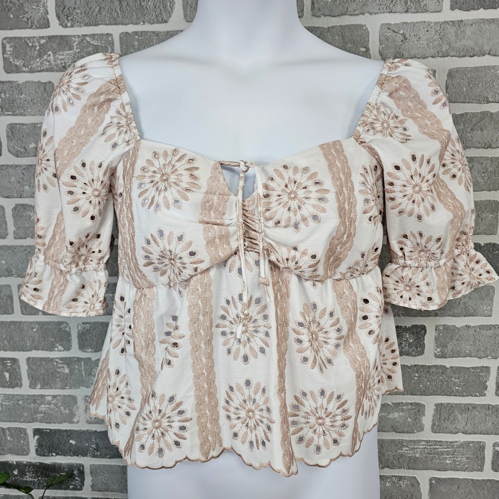 Kirious Eyelet Embroidered Peplum Top Women's L Square Neck Sheer Cottagecore‎